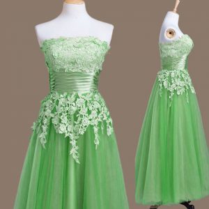 Green Empire Appliques Dama Dress for Quinceanera Lace Up Tulle Sleeveless Tea Length