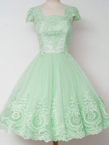A-line Quinceanera Court Dresses Apple Green Square Tulle Cap Sleeves Knee Length Zipper