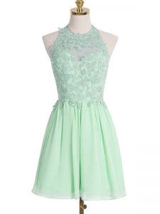 Simple Apple Green Empire Chiffon Halter Top Sleeveless Appliques Knee Length Lace Up Court Dresses for Sweet 16