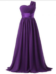 Adorable Purple Empire One Shoulder Sleeveless Chiffon Floor Length Lace Up Ruching Dama Dress