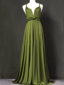Luxurious Olive Green Sleeveless Chiffon Criss Cross Quinceanera Dama Dress for Prom and Party and Wedding Party