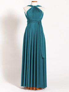 Delicate Sleeveless Floor Length Ruching Backless Dama Dress for Quinceanera with Teal