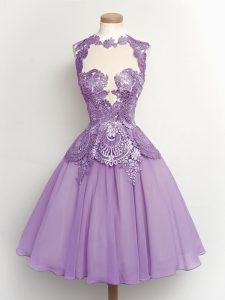 Flare Lavender A-line Chiffon High-neck Sleeveless Lace Knee Length Lace Up Quinceanera Dama Dress