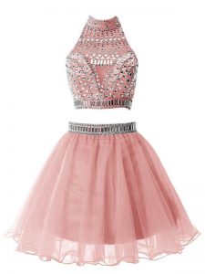 Fine Pink Sleeveless Knee Length Beading Zipper Court Dresses for Sweet 16