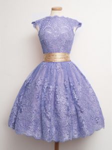 Charming Lavender Cap Sleeves Knee Length Belt Lace Up Quinceanera Court of Honor Dress