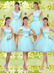 Aqua Blue Tulle Lace Up Quinceanera Dama Dress Sleeveless Knee Length Lace and Belt