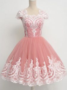 Clearance Peach A-line Lace Quinceanera Dama Dress Zipper Tulle Cap Sleeves Knee Length