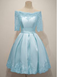 Knee Length A-line Half Sleeves Light Blue Dama Dress for Quinceanera Lace Up