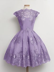 Lavender Lace Lace Up Court Dresses for Sweet 16 Cap Sleeves Knee Length Lace