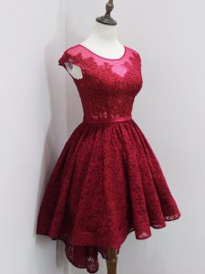 Sophisticated Beading and Lace Court Dresses for Sweet 16 Wine Red Zipper Cap Sleeves High Low