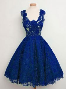 Hot Selling Royal Blue Lace Lace Up Straps Sleeveless Knee Length Quinceanera Court of Honor Dress Lace