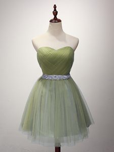 Sleeveless Tulle Mini Length Lace Up Dama Dress for Quinceanera in Olive Green with Beading and Ruching
