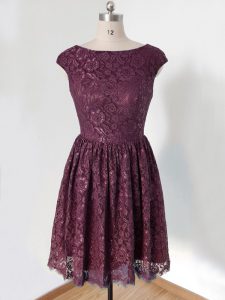 Free and Easy Dark Purple Lace Lace Up Quinceanera Court Dresses Cap Sleeves Knee Length Lace