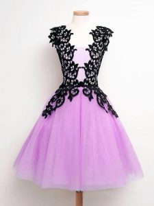 Sophisticated Lilac Straps Neckline Lace Dama Dress for Quinceanera Sleeveless Lace Up