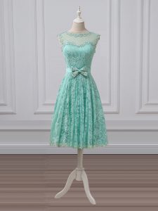 New Arrival Apple Green Lace Up Quinceanera Court of Honor Dress Lace and Bowknot Sleeveless Knee Length