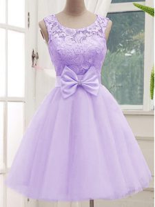 Fashion Lavender A-line Tulle Scoop Sleeveless Lace and Bowknot Knee Length Lace Up Quinceanera Court Dresses