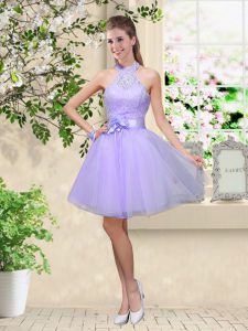 Classical Lilac A-line Tulle Halter Top Sleeveless Lace and Belt Knee Length Lace Up Quinceanera Court of Honor Dress