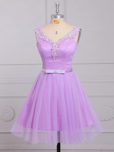Hot Selling Appliques and Belt Dama Dress Lilac Lace Up Sleeveless Mini Length