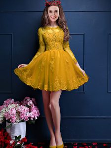 Chiffon Scalloped 3 4 Length Sleeve Lace Up Beading and Lace and Appliques Court Dresses for Sweet 16 in Gold