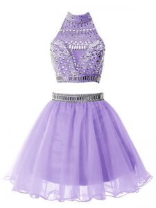 Glittering Lilac Organza Zipper High-neck Sleeveless Knee Length Court Dresses for Sweet 16 Beading