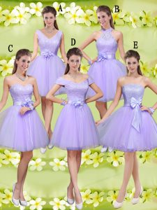 Low Price Lilac Sleeveless Lace and Belt Knee Length Quinceanera Dama Dress