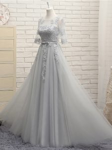 Fancy Floor Length Grey Quinceanera Court of Honor Dress Scoop Half Sleeves Lace Up