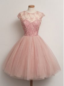 Decent Peach Tulle Lace Up Court Dresses for Sweet 16 Cap Sleeves Knee Length Lace