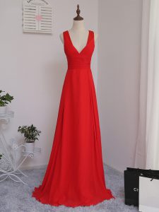 Red Zipper V-neck Ruching Court Dresses for Sweet 16 Chiffon Sleeveless