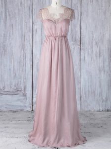 Pink Chiffon Clasp Handle Scalloped Short Sleeves Floor Length Dama Dress Lace