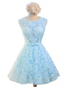 Eye-catching Knee Length Lace Up Court Dresses for Sweet 16 Light Blue for Prom and Party and Wedding Party with Belt