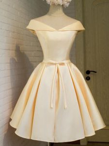 Amazing Champagne Off The Shoulder Lace Up Belt Court Dresses for Sweet 16 Cap Sleeves