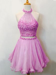 Discount Knee Length Two Pieces Sleeveless Lilac Quinceanera Court of Honor Dress Lace Up