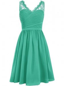 Sleeveless Knee Length Lace and Ruching Side Zipper Dama Dress for Quinceanera with Green