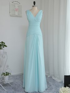 Customized Aqua Blue Empire Ruching Quinceanera Dama Dress Zipper Chiffon Sleeveless Floor Length