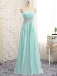 Floor Length Apple Green Quinceanera Court of Honor Dress Chiffon Sleeveless Appliques and Ruching