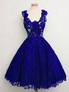 Blue A-line Lace Straps Sleeveless Lace Knee Length Lace Up Damas Dress