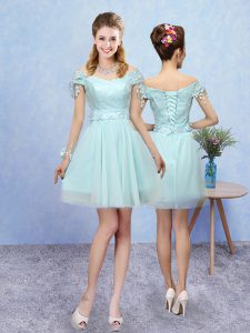 Luxurious Tulle Short Sleeves Mini Length Quinceanera Dama Dress and Lace