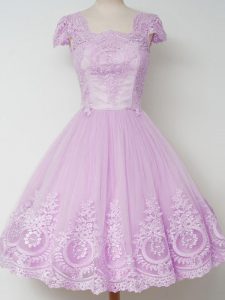 Dramatic Lilac Quinceanera Dama Dress Prom and Party and Wedding Party with Lace Square Cap Sleeves Zipper