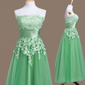 Tulle Strapless Sleeveless Lace Up Appliques Court Dresses for Sweet 16 in Green