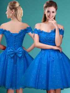 Exquisite Blue A-line Lace and Belt Quinceanera Court of Honor Dress Lace Up Tulle Sleeveless Knee Length