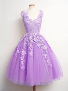 Fashion V-neck Sleeveless Lace Up Quinceanera Court of Honor Dress Lavender Tulle