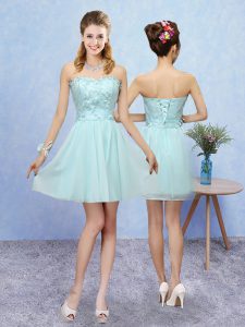 Comfortable Mini Length Lace Up Vestidos de Damas Aqua Blue for Prom and Party with Appliques