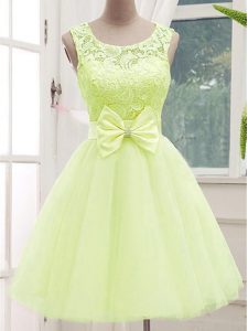 Yellow Green A-line Scoop Sleeveless Tulle Knee Length Lace Up Lace and Bowknot Vestidos de Damas