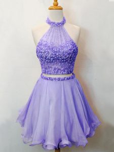 Knee Length Lavender Quinceanera Court Dresses Halter Top Sleeveless Lace Up