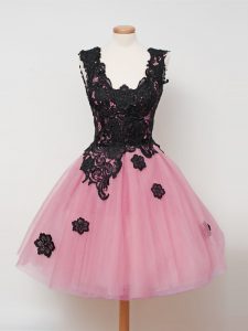 Elegant Pink Ball Gowns Lace Quinceanera Court Dresses Zipper Tulle Sleeveless Knee Length