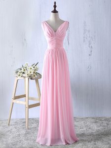 Delicate Floor Length Baby Pink Quinceanera Dama Dress Chiffon Sleeveless Ruching