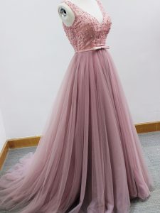 Zipper Damas Dress Pink for Prom and Party and Wedding Party with Beading and Belt Brush Train