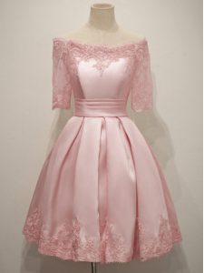Enchanting Pink Vestidos de Damas Prom and Party and Wedding Party with Lace V-neck Half Sleeves Lace Up