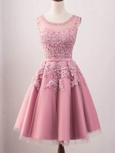 Pink A-line Tulle Scoop Sleeveless Lace Knee Length Lace Up Quinceanera Court of Honor Dress