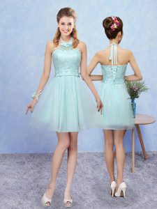 Aqua Blue Tulle Lace Up Halter Top Sleeveless Mini Length Dama Dress for Quinceanera Lace